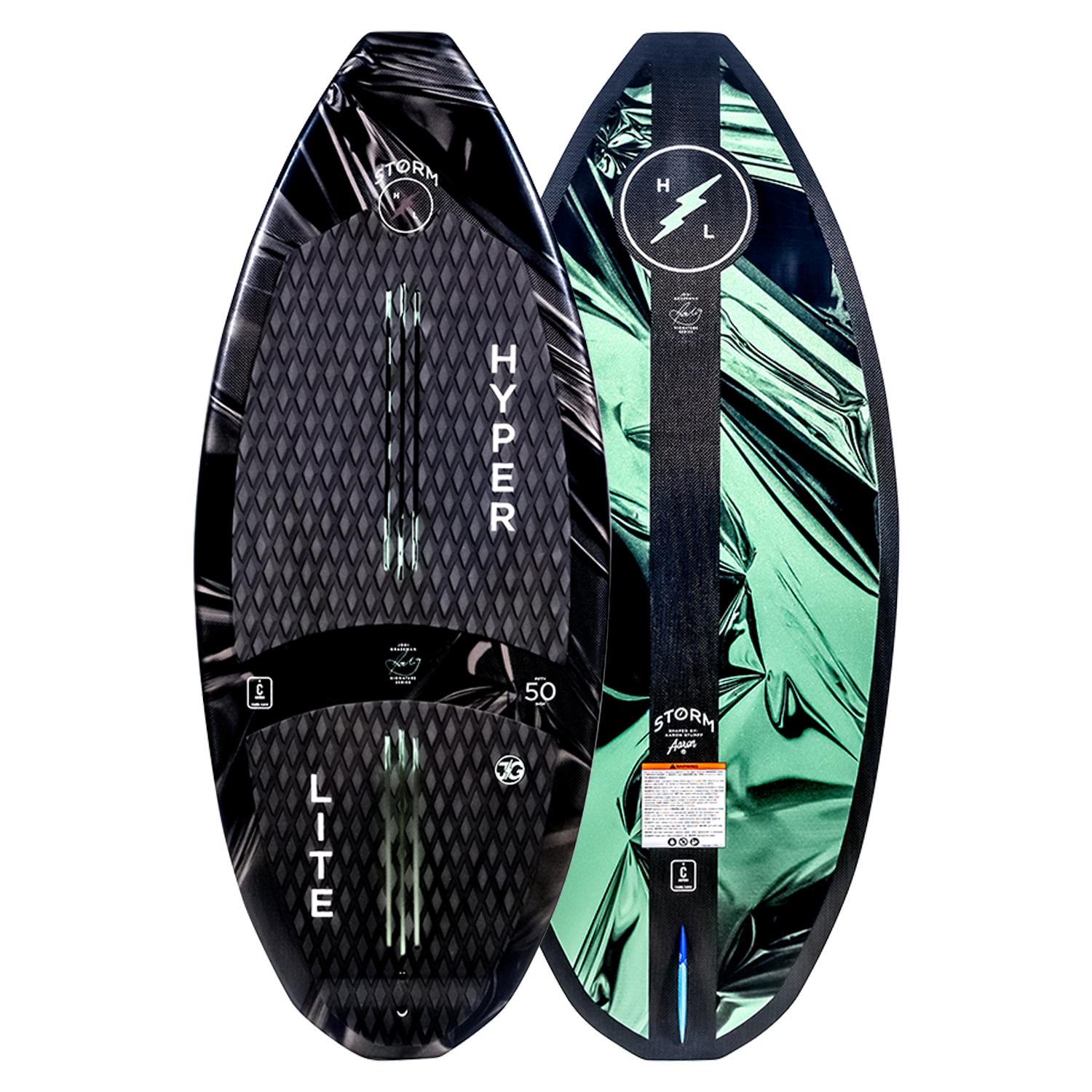 Top and base of sleek black and green Storm wakeboard with Woven Carbon design.