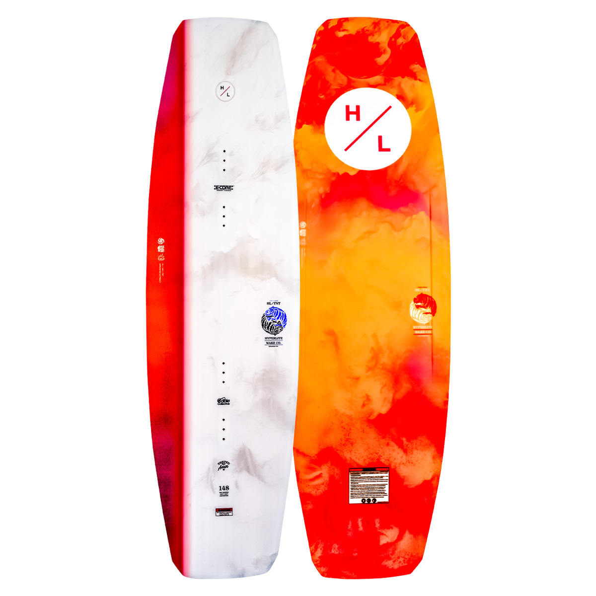 Top and base of colorful TNT wakeboard with E-Core Construction designs in red, white, and orange.