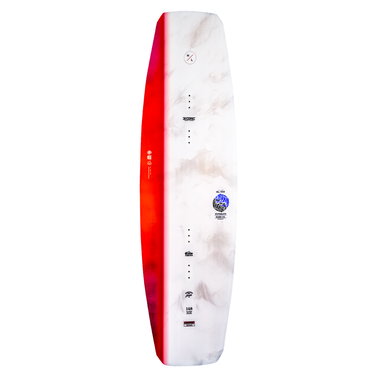 TNT wakeboard: Red & white with logos, featuring E-Core Construction graphics.