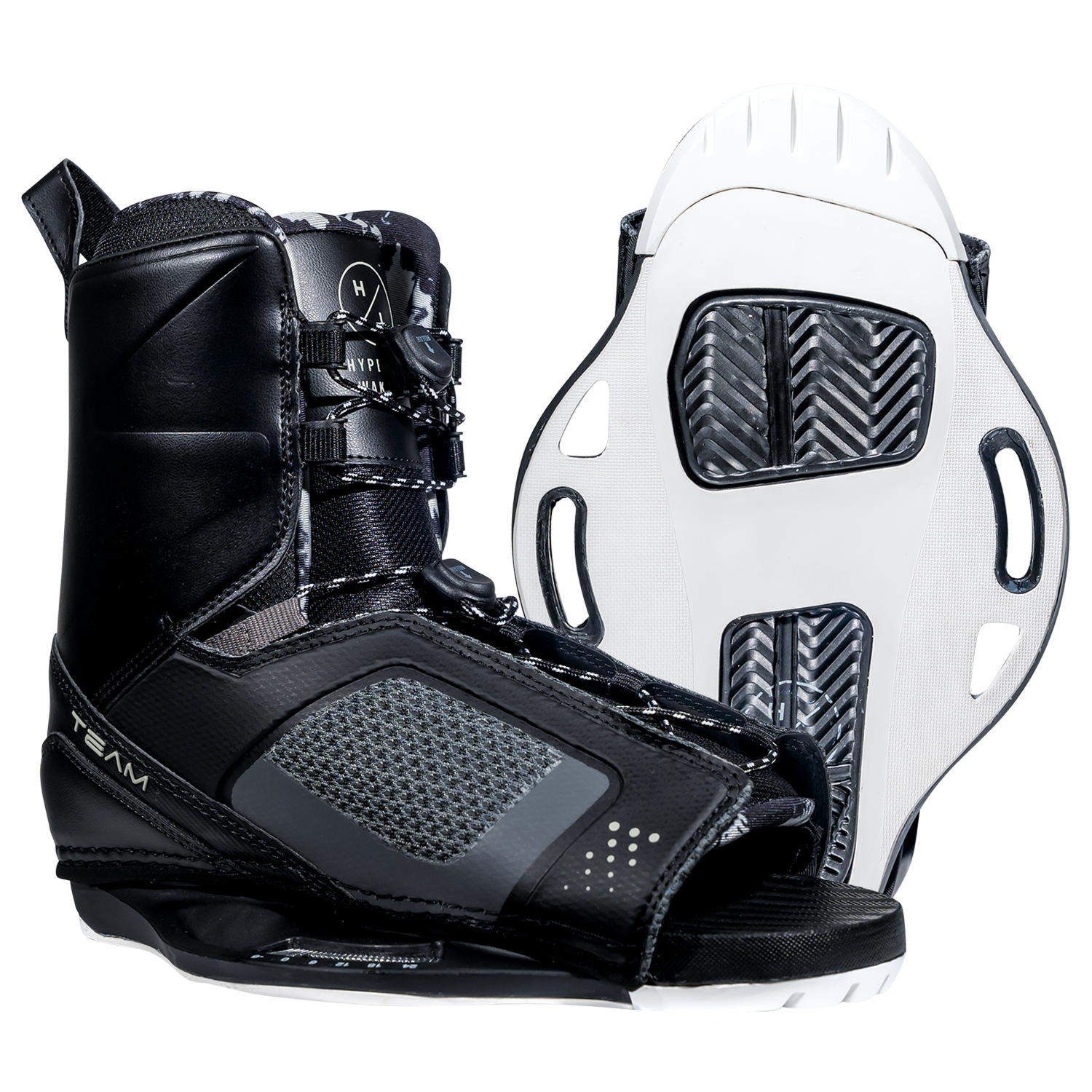 Team OT Binding: black with white soles, textured accents, Low Pro Plate System.