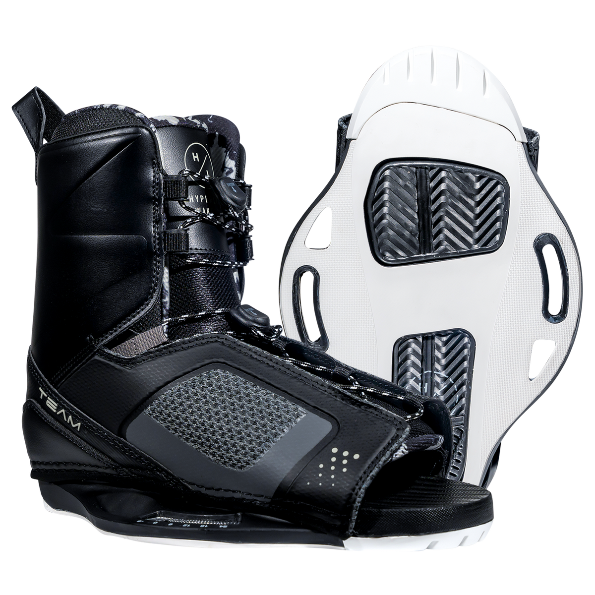 Team OT Binding: black with white soles, textured accents, Low Pro Plate System.