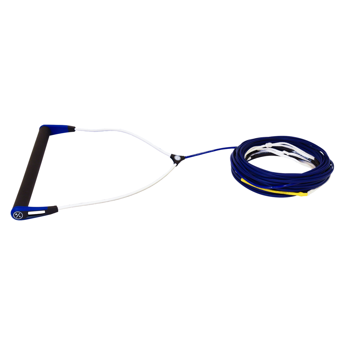 Team Rope Package: Wakeboard handle with suede grip & neatly coiled blue rope.