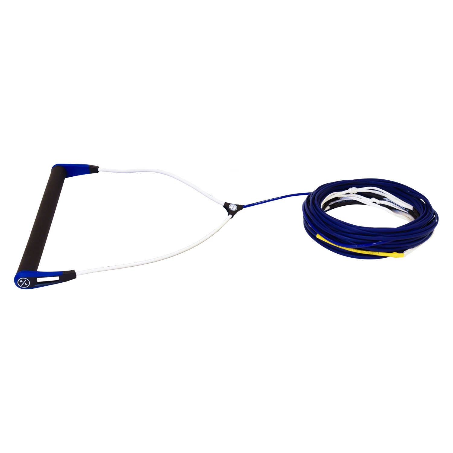 Team Rope Package: Wakeboard handle with suede grip & neatly coiled blue rope.