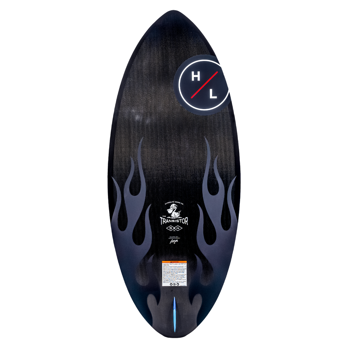 Black & blue Transistor wakeboard, flame design, carbon fiber construction.