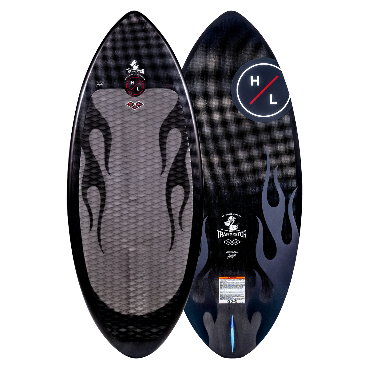 Top and base of black Transistor wakesurfer with flame designs and H and L logos, carbon woven.