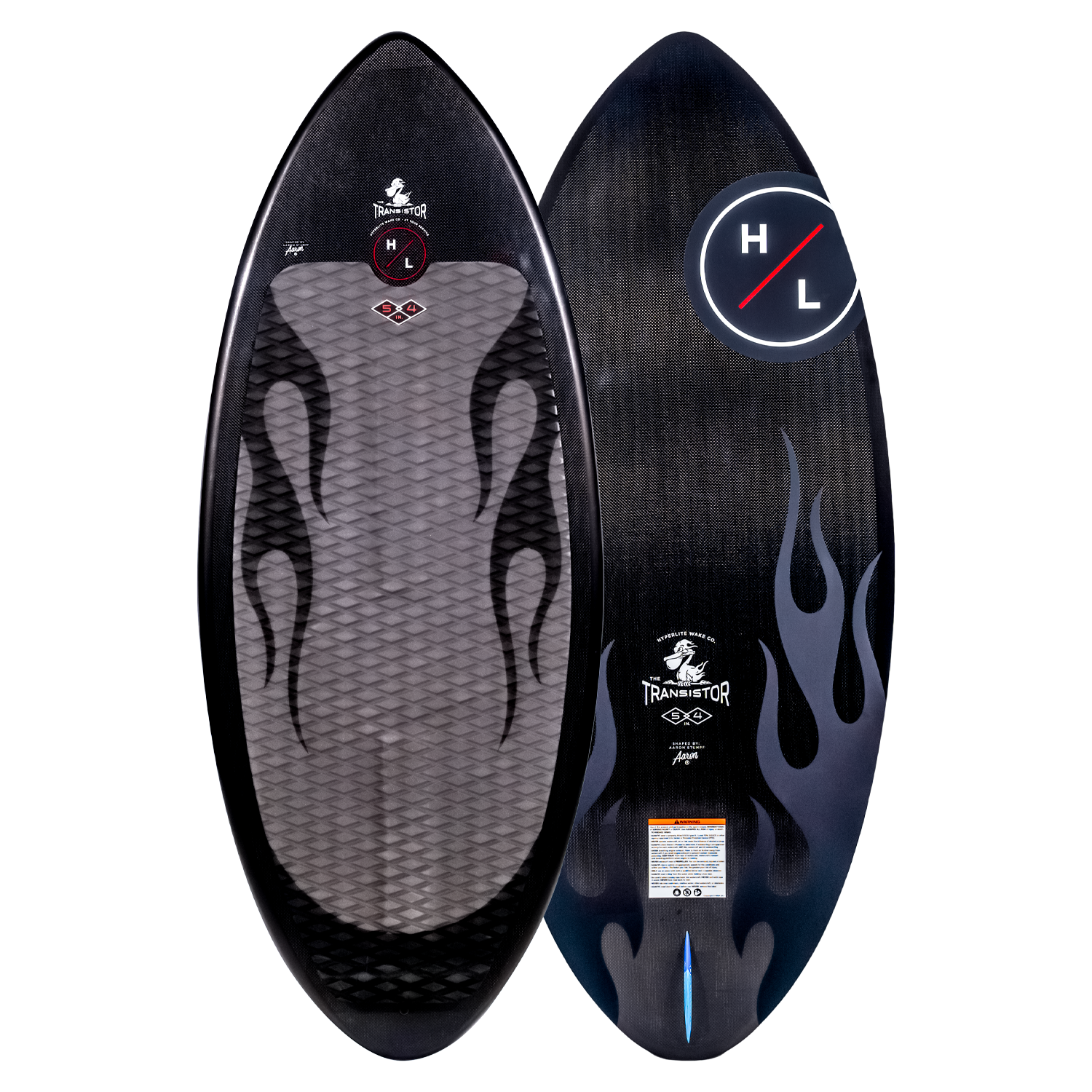 Top and base of black Transistor wakesurfer with flame designs and H and L logos, carbon woven.