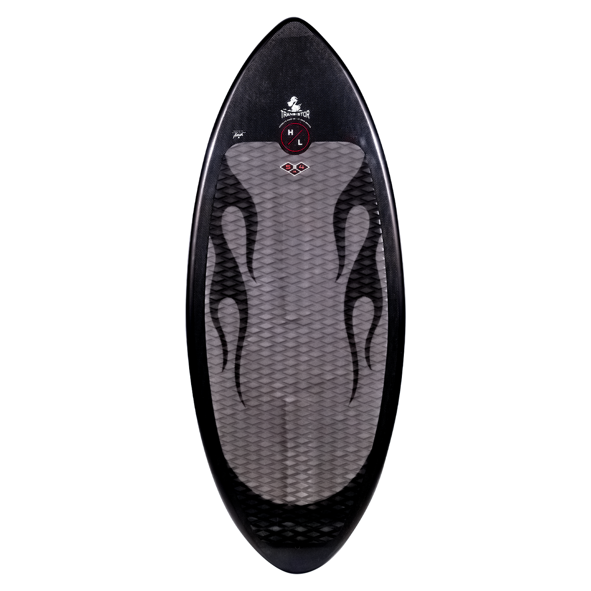 Black and gray Transistor wakeboard with flame design.