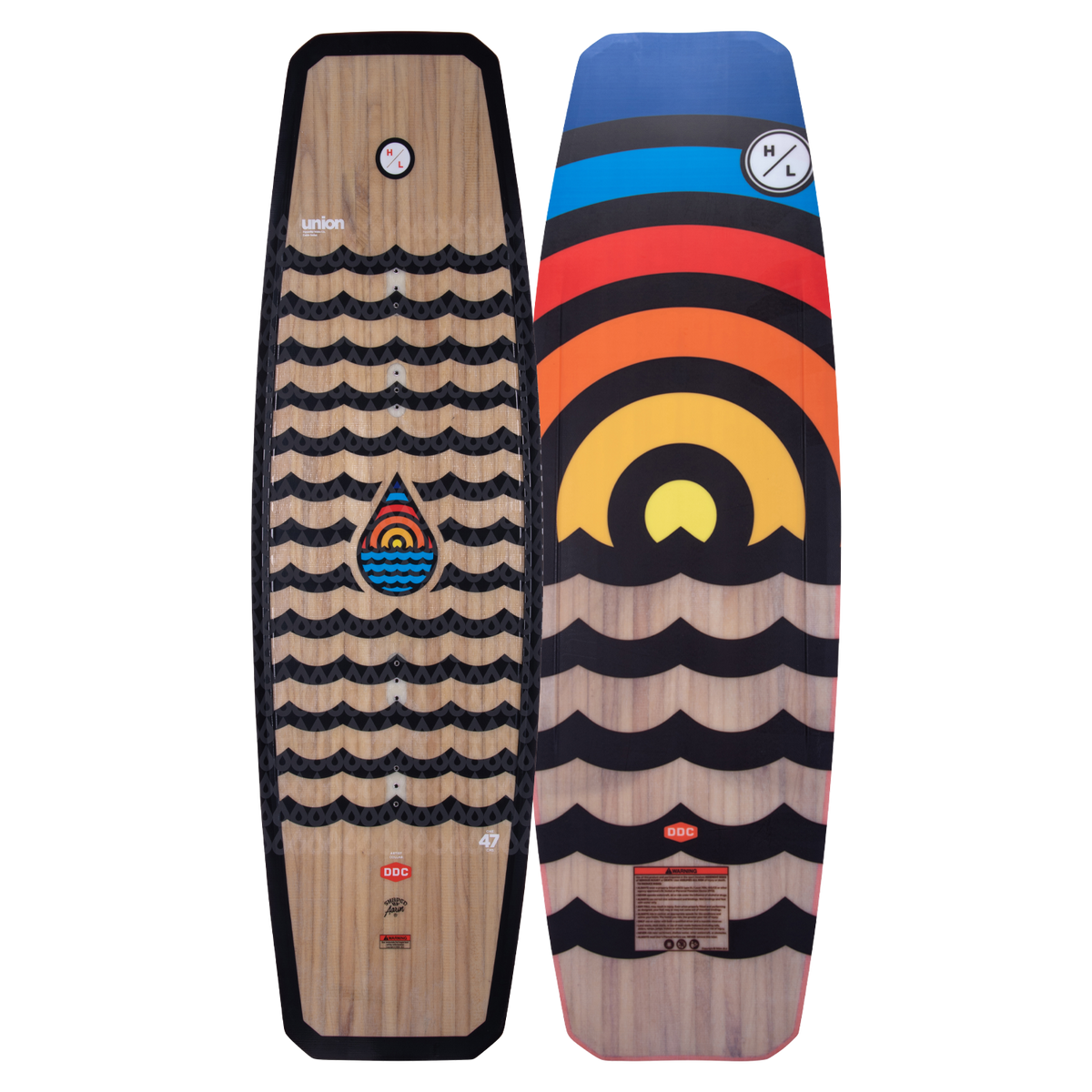 Top and base of colorful Union wakeboard with wave and drop motifs feature a strong Woodlite Core.