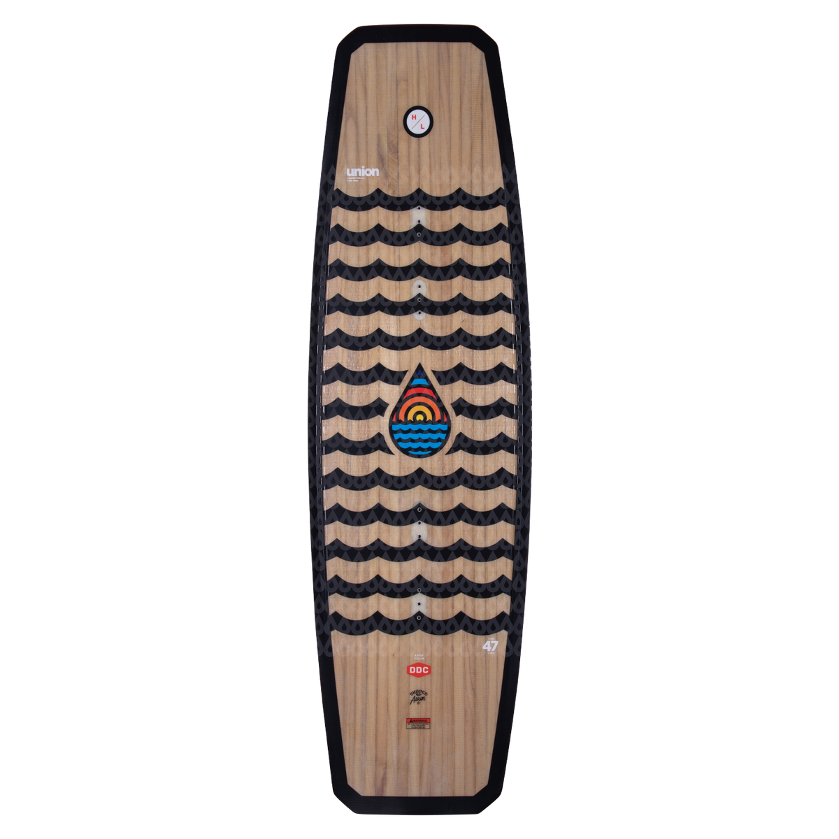 Union wakeboard with wavy black stripes, colorful drop logo, and Woodlite Core.