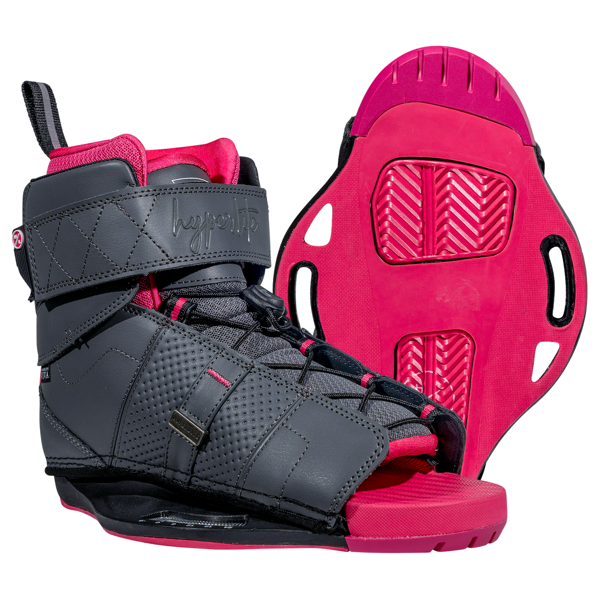 Prizm w/Viva Binding wakeboard boots in gray/pink with open toe & strap closure.