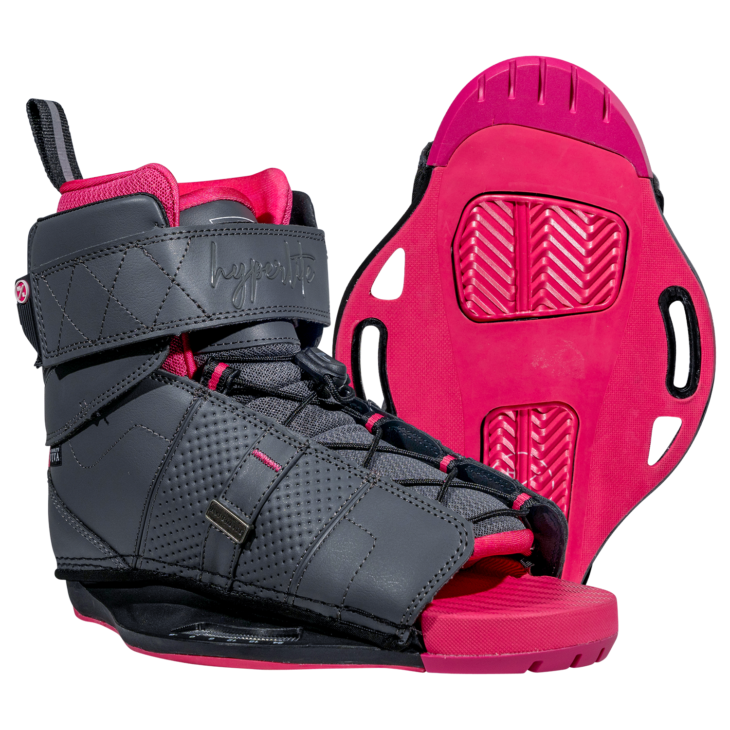Prizm w/Viva Binding wakeboard boots in gray/pink with open toe & strap closure.