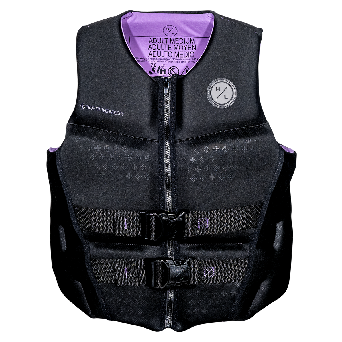 Ambition life vest: black with purple lining, buckle straps, and True Flex Technology.