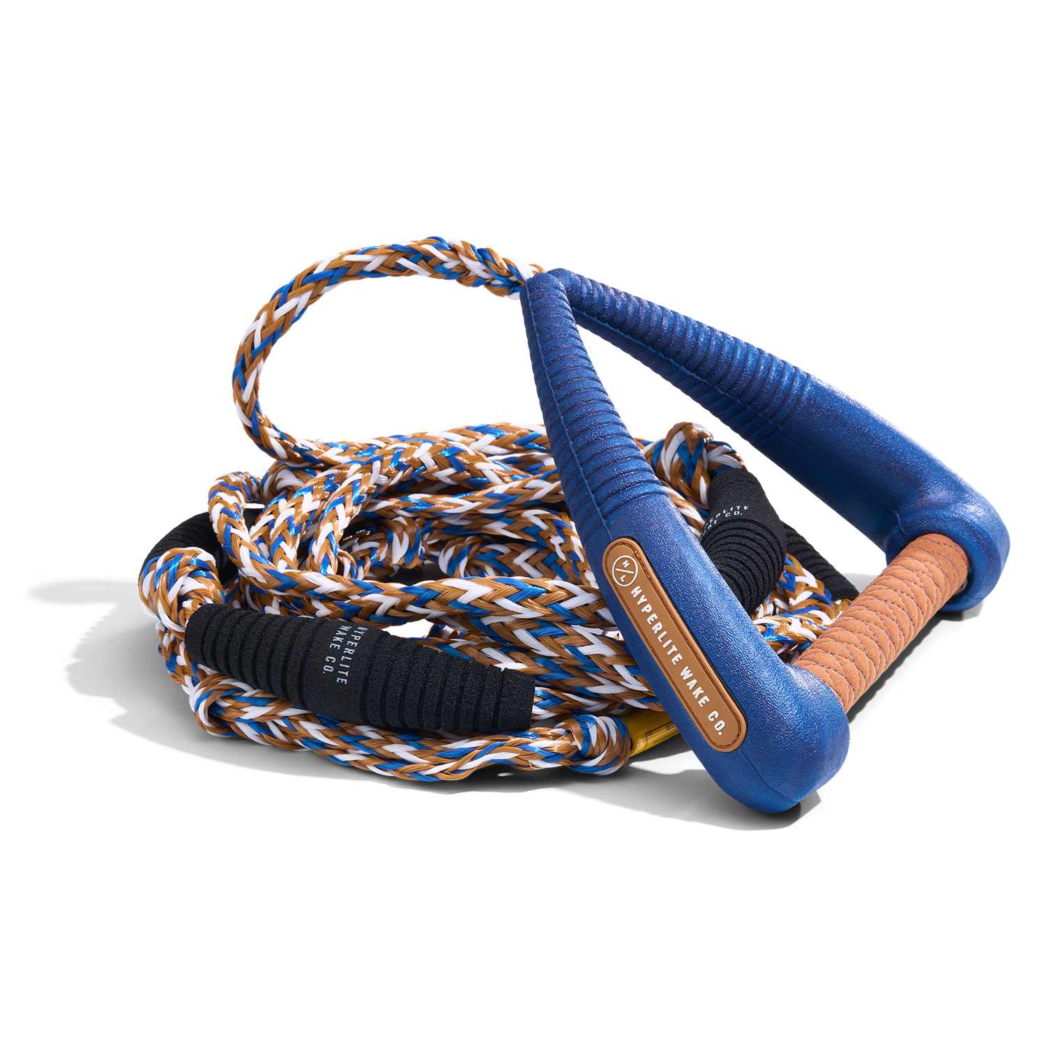 Coiled 25' Pro Surf Rope - Blue featuring padded blue handle and grip.