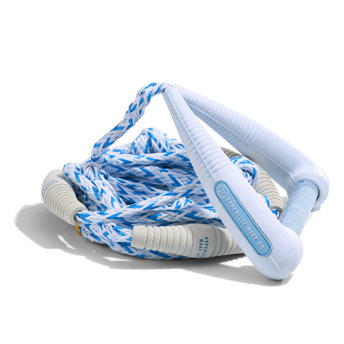 Coiled 25' Pro Surf Rope - White featuring blue grip handle and braided cord.