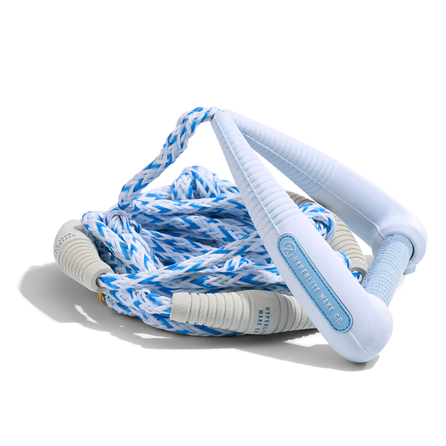 Coiled 25' Pro Surf Rope - White featuring blue grip handle and braided cord.