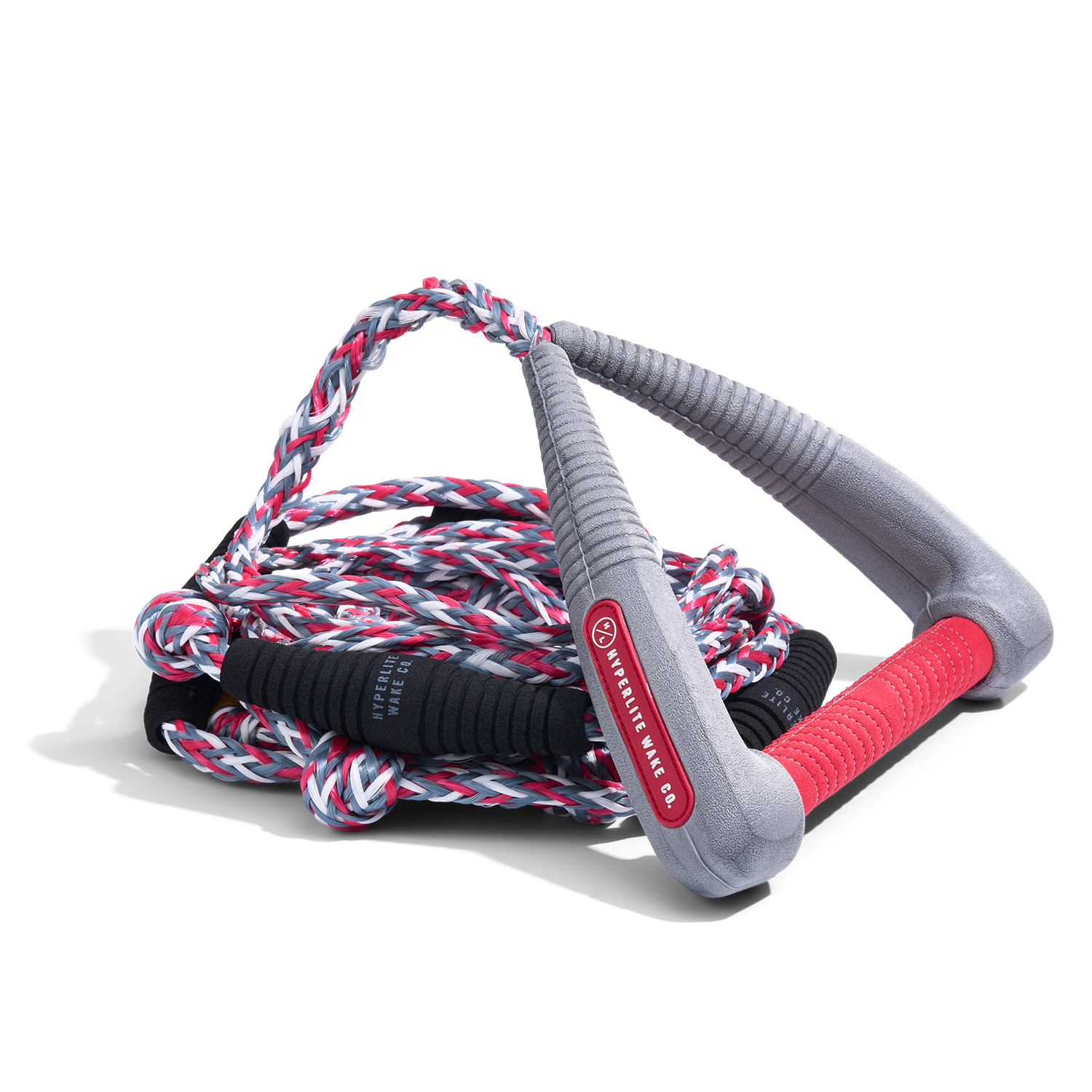 Angled view of 30' Pro Surf Rope - Grey featuring padded handle and grip.