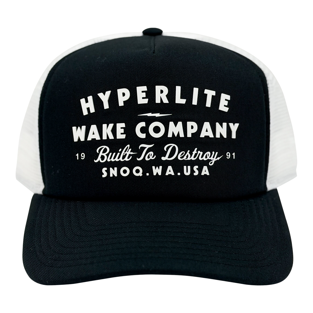 Front view of the Harley Trucker Hat with bold white text graphic on the black crown.