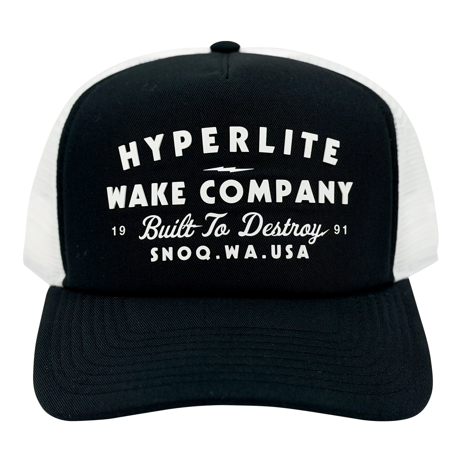 Front view of the Harley Trucker Hat with bold white text graphic on the black crown.