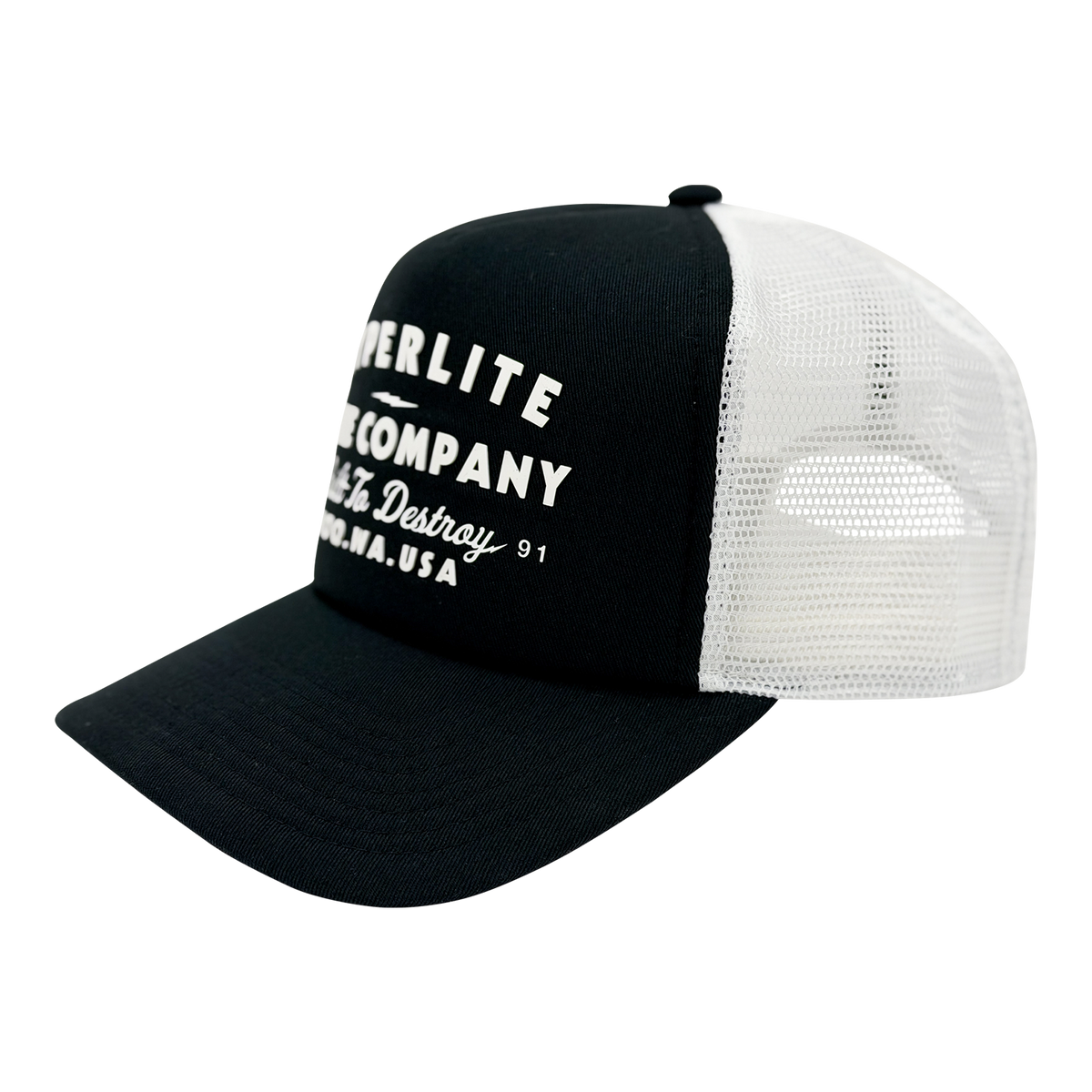 Angled view of the Harley Trucker Hat showing black front panel and white mesh back.