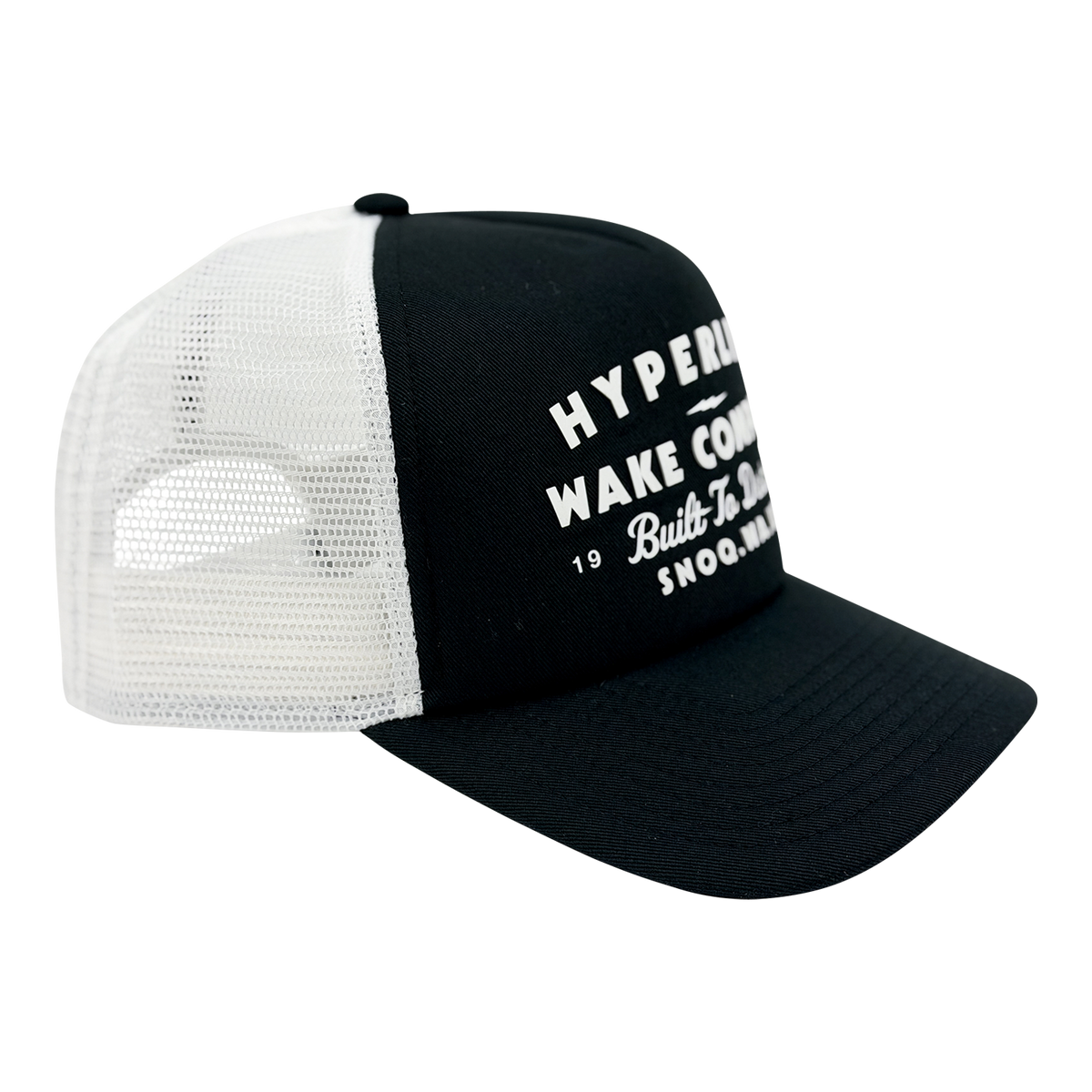 Angled side view of the Harley Trucker Hat showing black front panel and white mesh back.