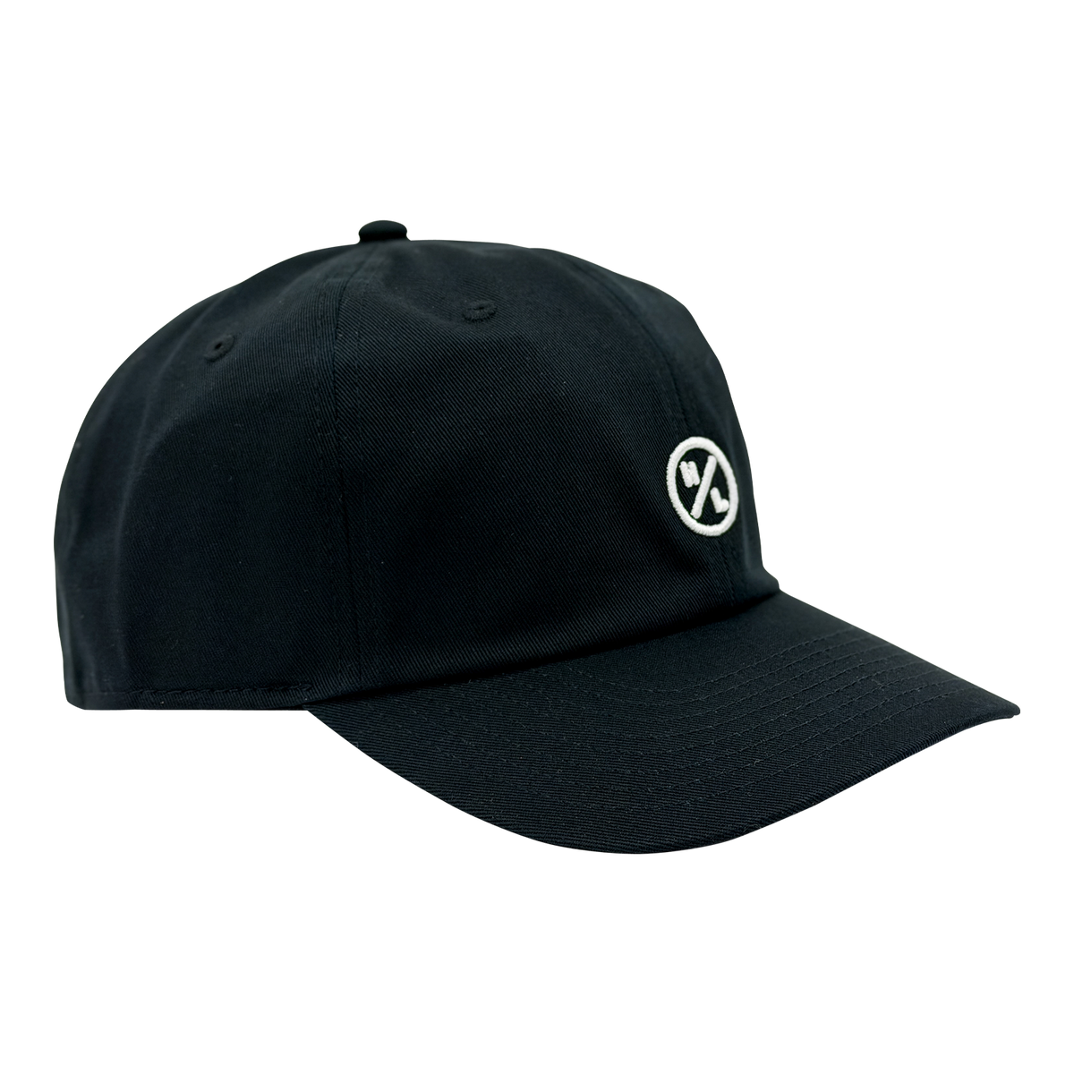 Angled view of the Lo-Rise Hat in black with small circle logo embroidered on the front.