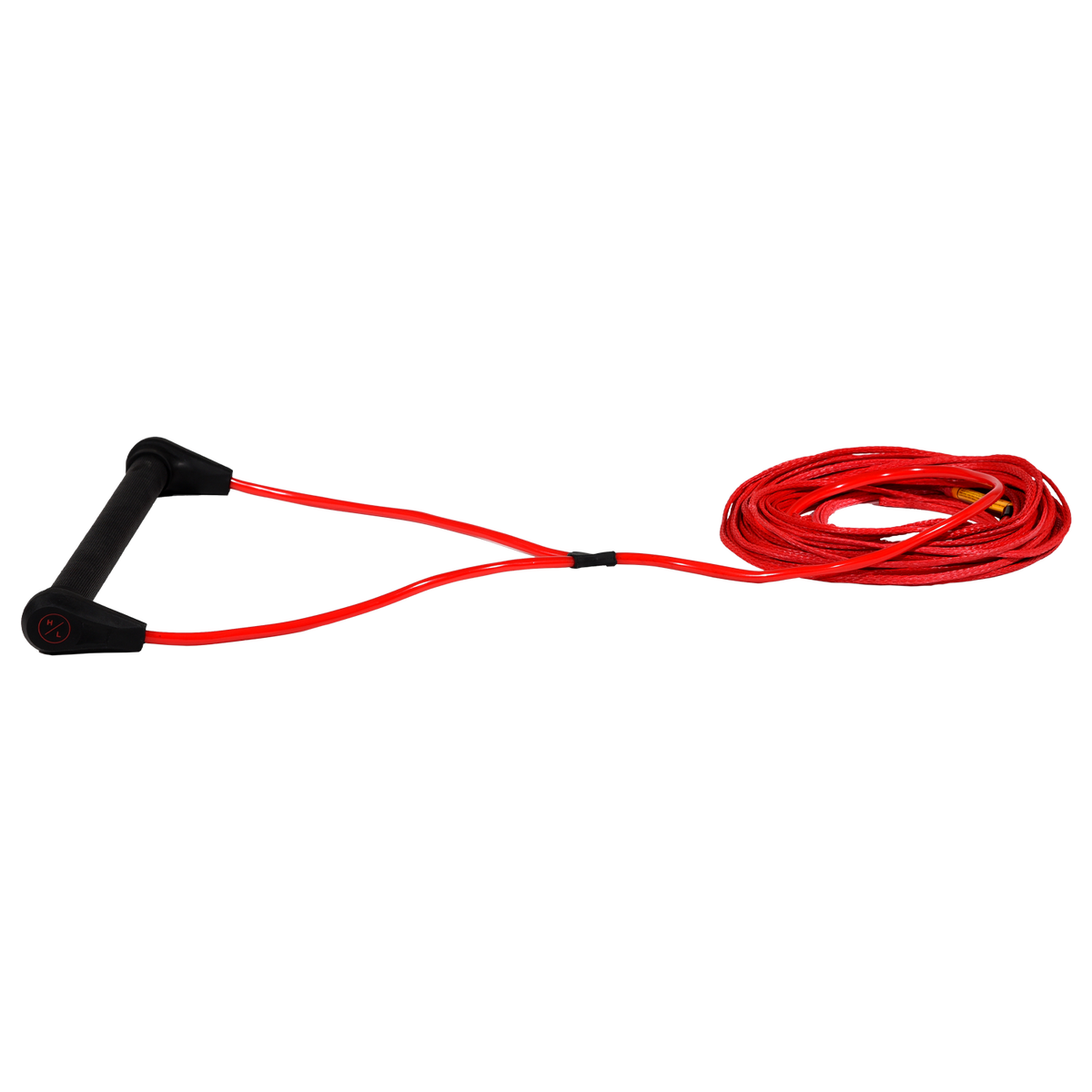 Angled view of Outlaw handle with black grip and black end caps attached to red rope.