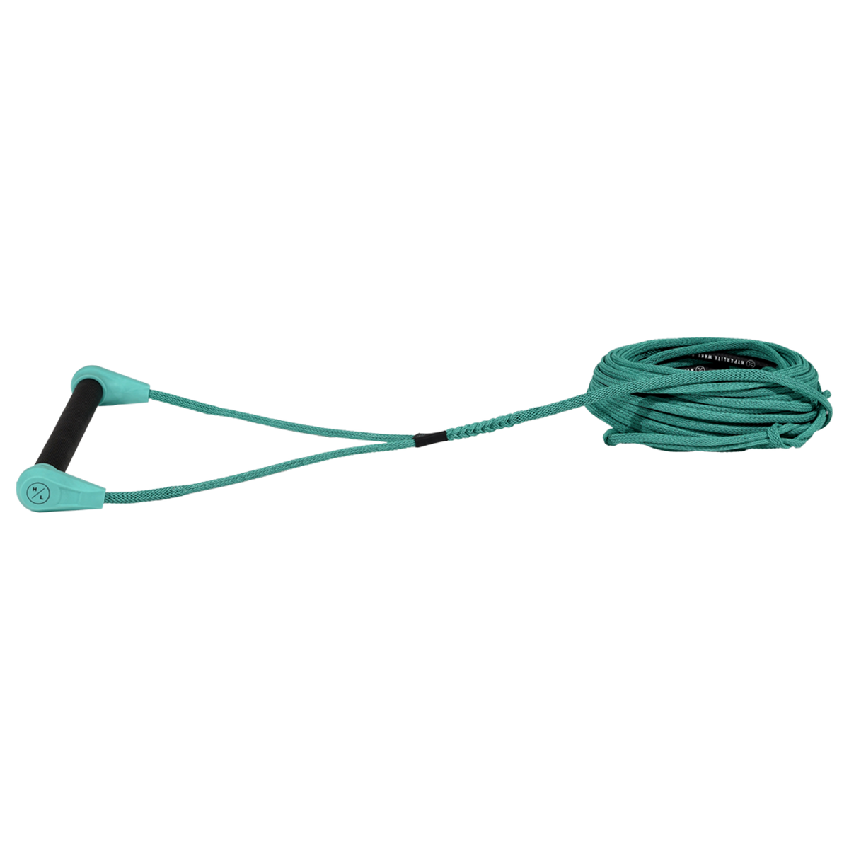 Angled view of Outlaw handle with black grip and green end caps attached to green rope.