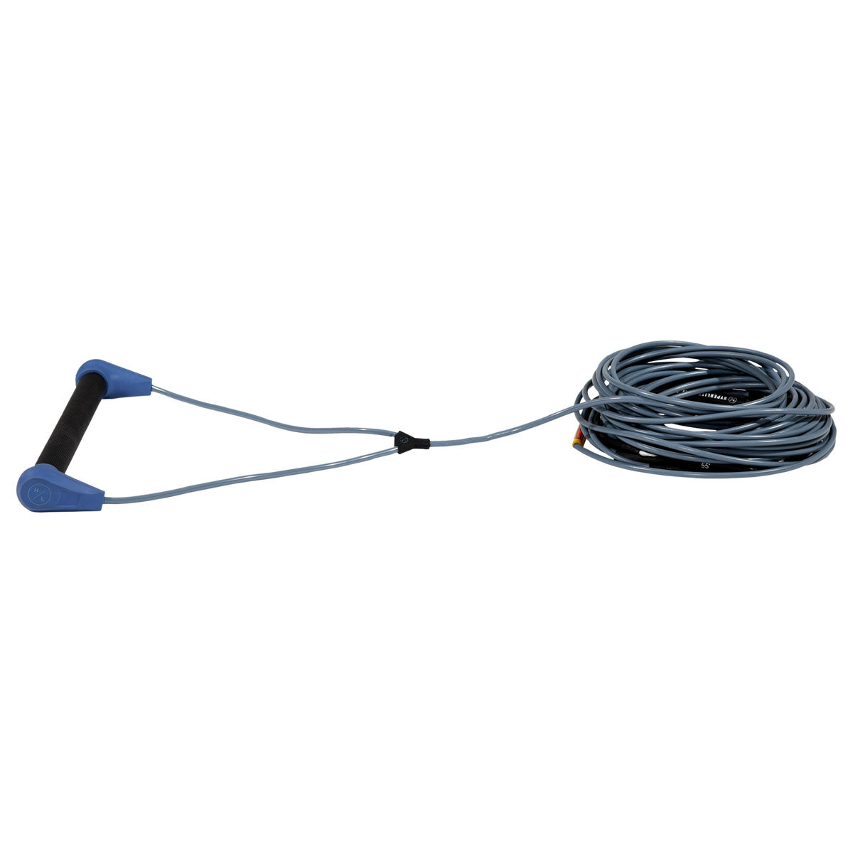 Angled view of Progression Series handle with black grip, blue end caps, and coiled blue rope.