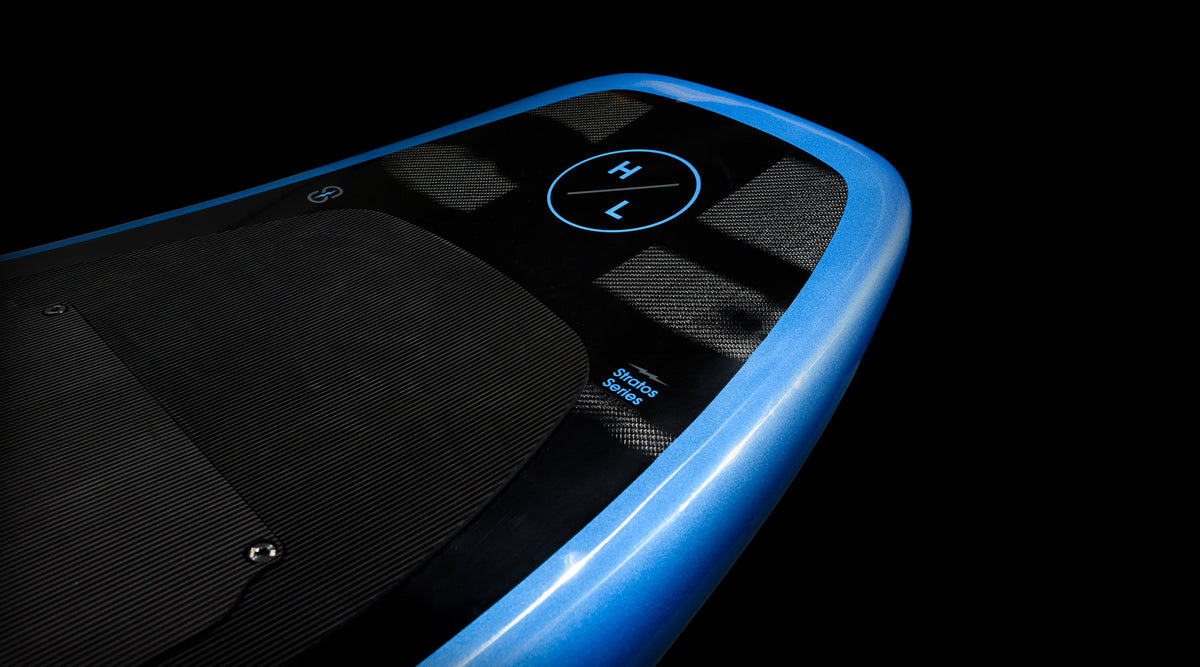 Angled view of Stratos Board 5.0 w/Foil highlighting blue nose and HL logo on top deck.