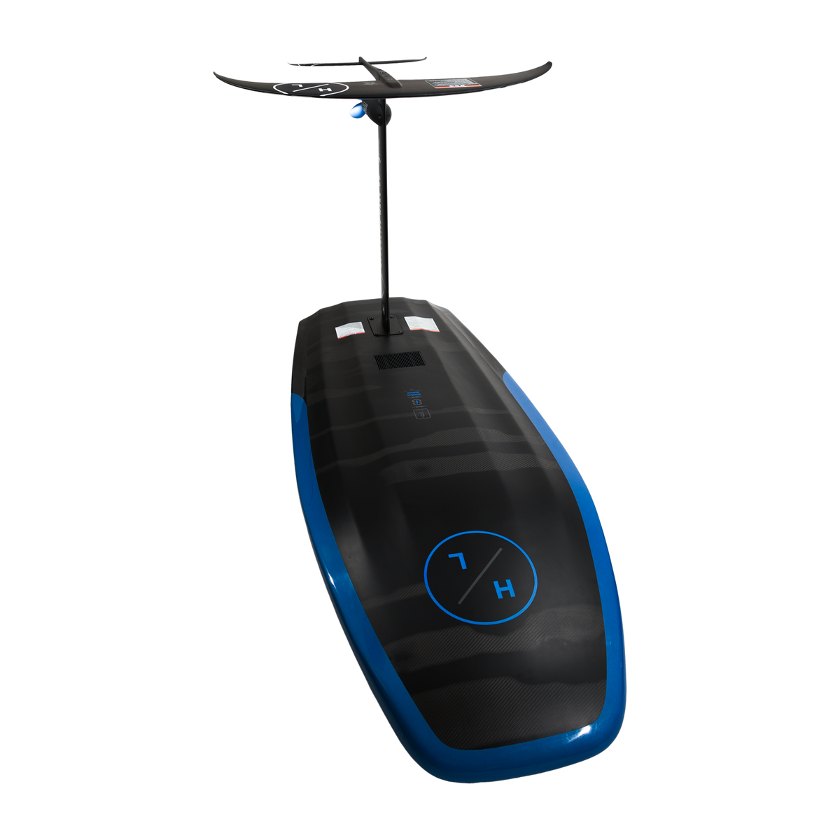 Angled bottom view of the Stratos e-foil showing battery compartment and mounted foil.