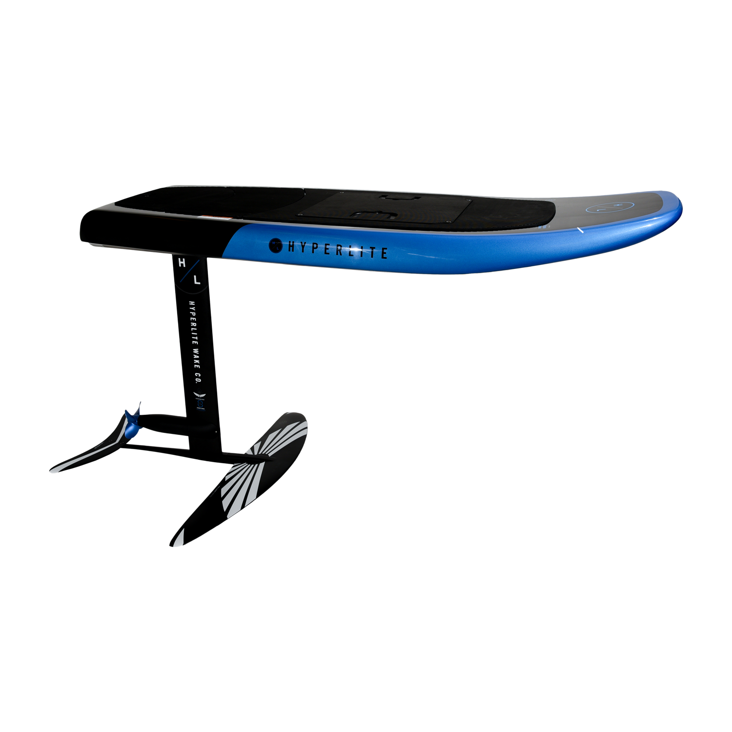 Side view of Stratos Board 5.0 w/Foil showing blue deck and black hydrofoil assembly.