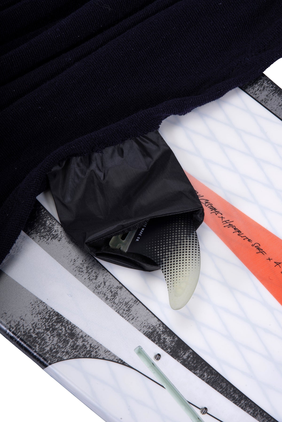 Blunt Nose Surf Sock OSFA: Terrycloth fin cover, diagonal orange stripe design.