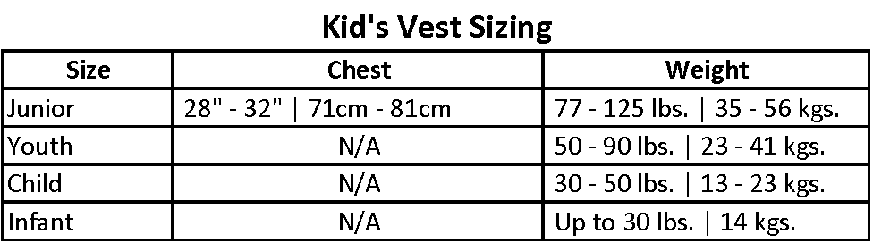 Kid‚Äôs vest sizing chart displaying chest and weight ranges for Junior, Youth, Child, and Infant sizes.