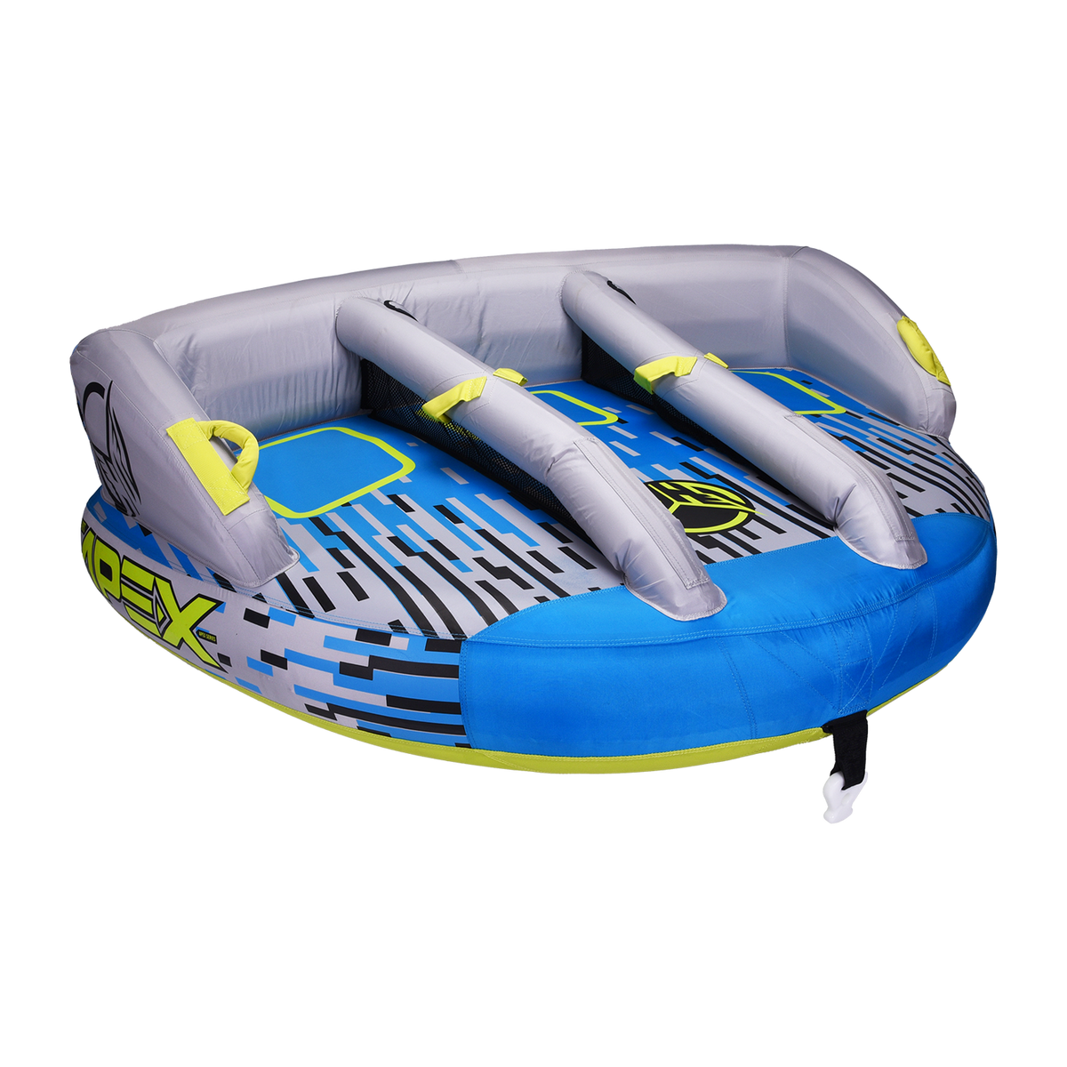 Left-angle view of the APEX 3 towable tube with a blue and gray design, padded seats, and yellow grab handles.