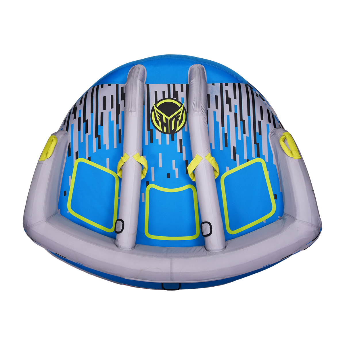 Top view of the APEX 3 towable tube with a blue and gray design, padded seats, and yellow grab handles.