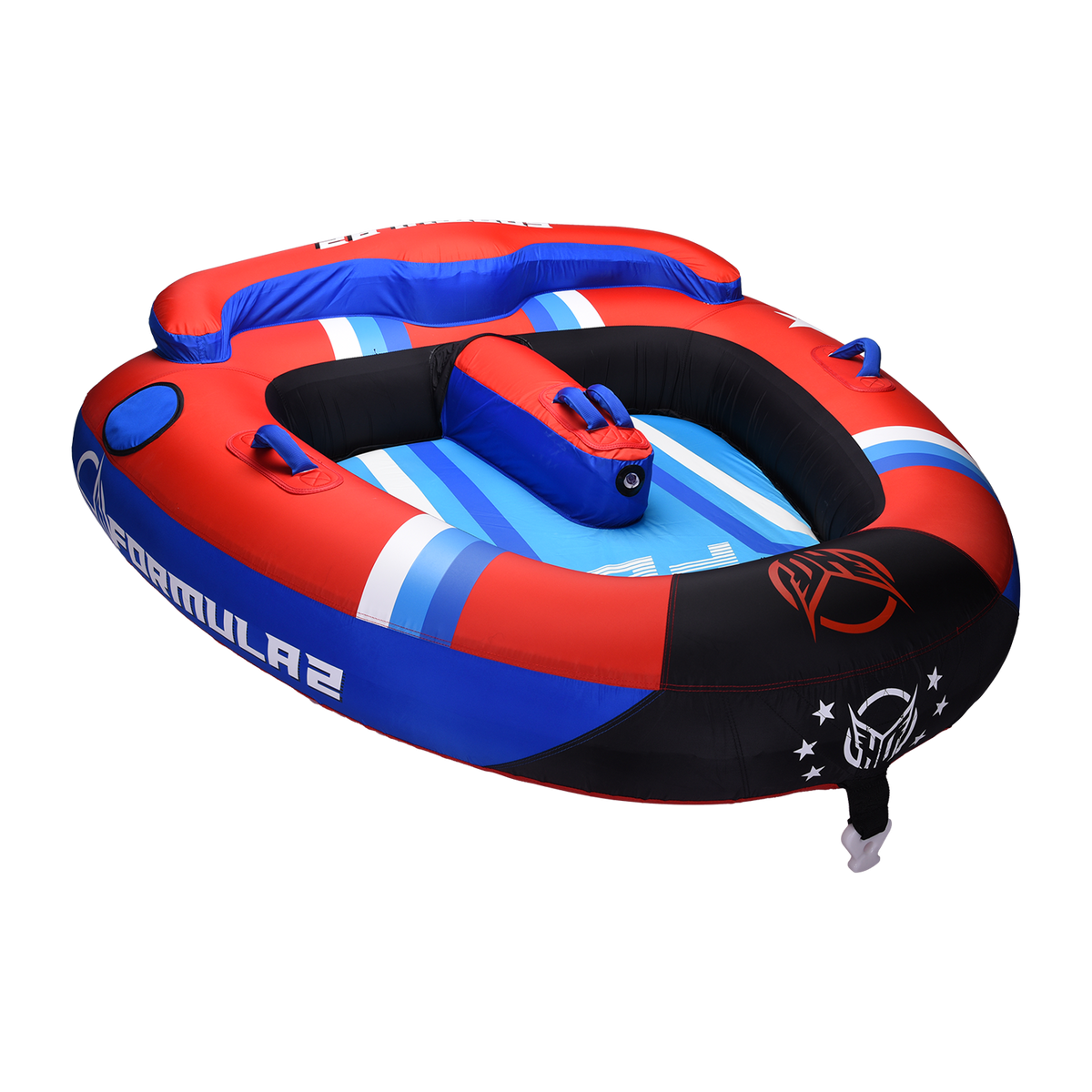 Angled view of the Formula 2 towable tube in red, blue, and black with two seating areas and padded handles.