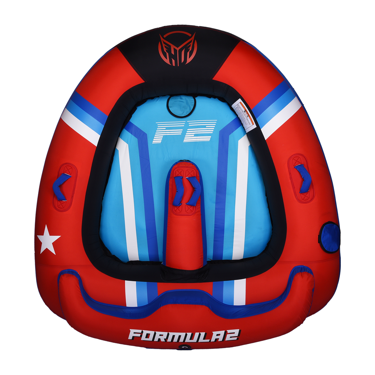 Top view of the Formula 2 towable tube in red, blue, and black with two seating areas and padded handles.