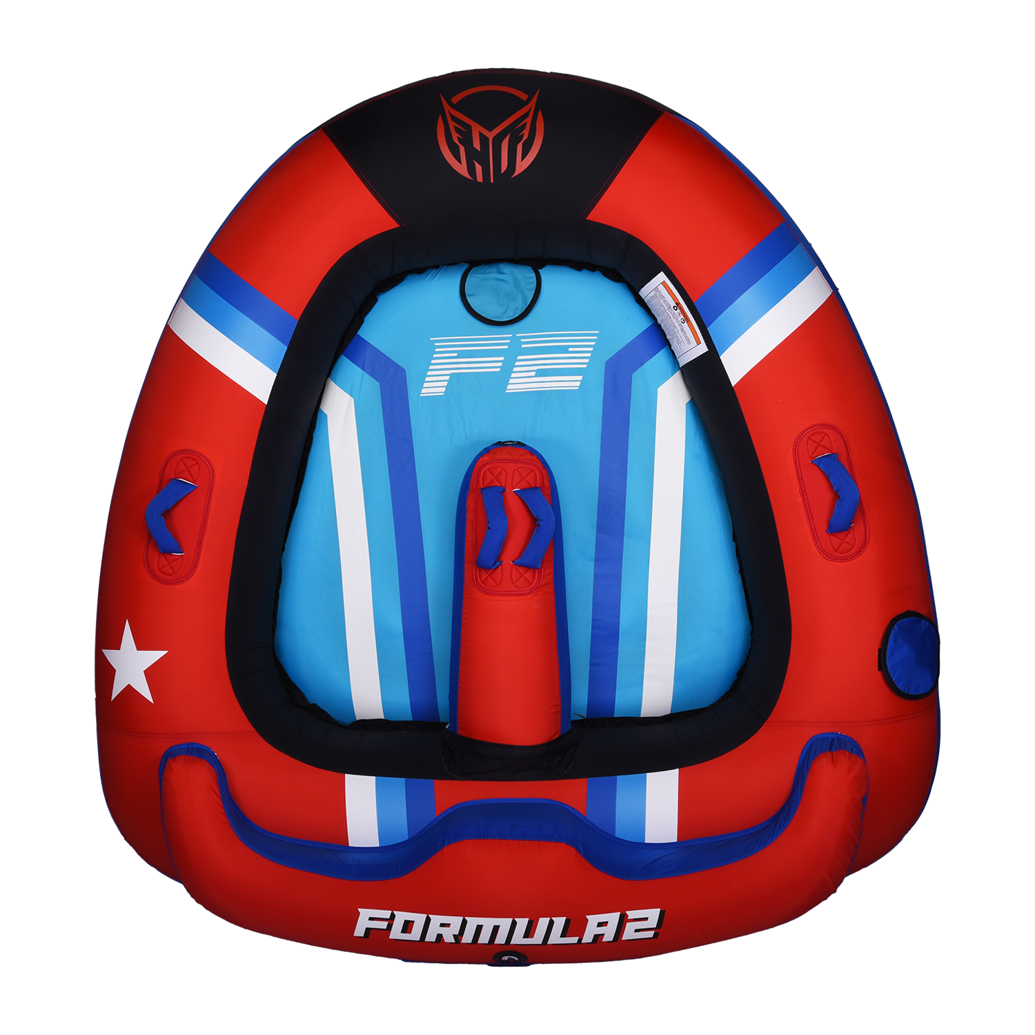 Top view of the Formula 2 towable tube in red, blue, and black with two seating areas and padded handles.
