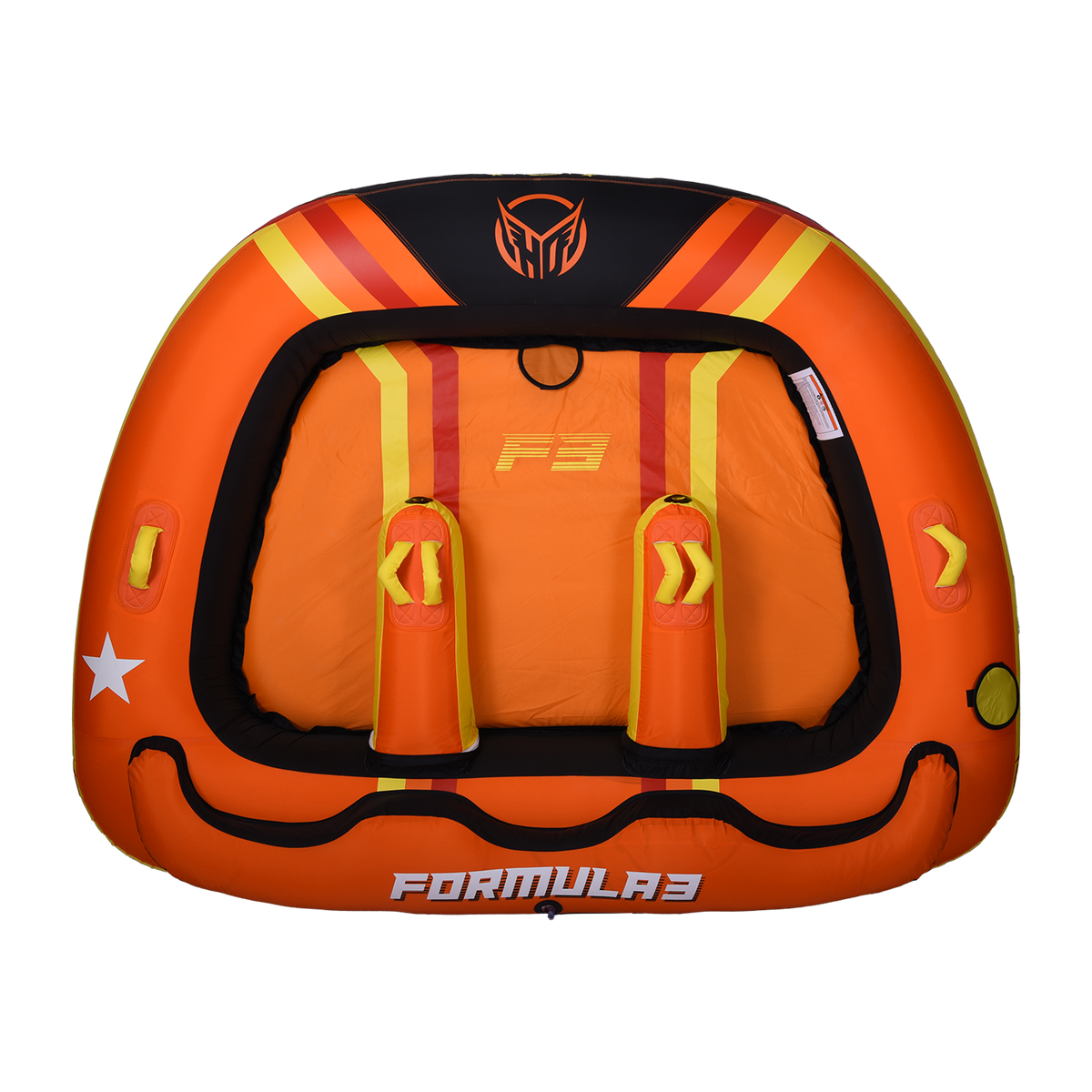 Top view of the Formula 3 towable tube in orange, yellow, and black with three seating areas and padded handles.