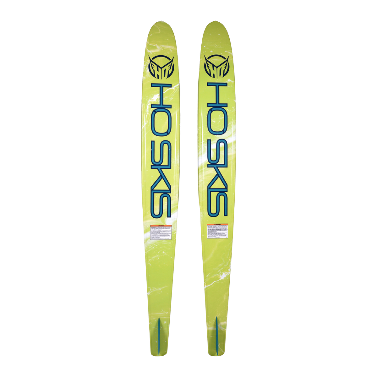 Base view of the 67 Freeride Combos water skis in bright yellow with blue "HO Skis" branding and fin attachments.