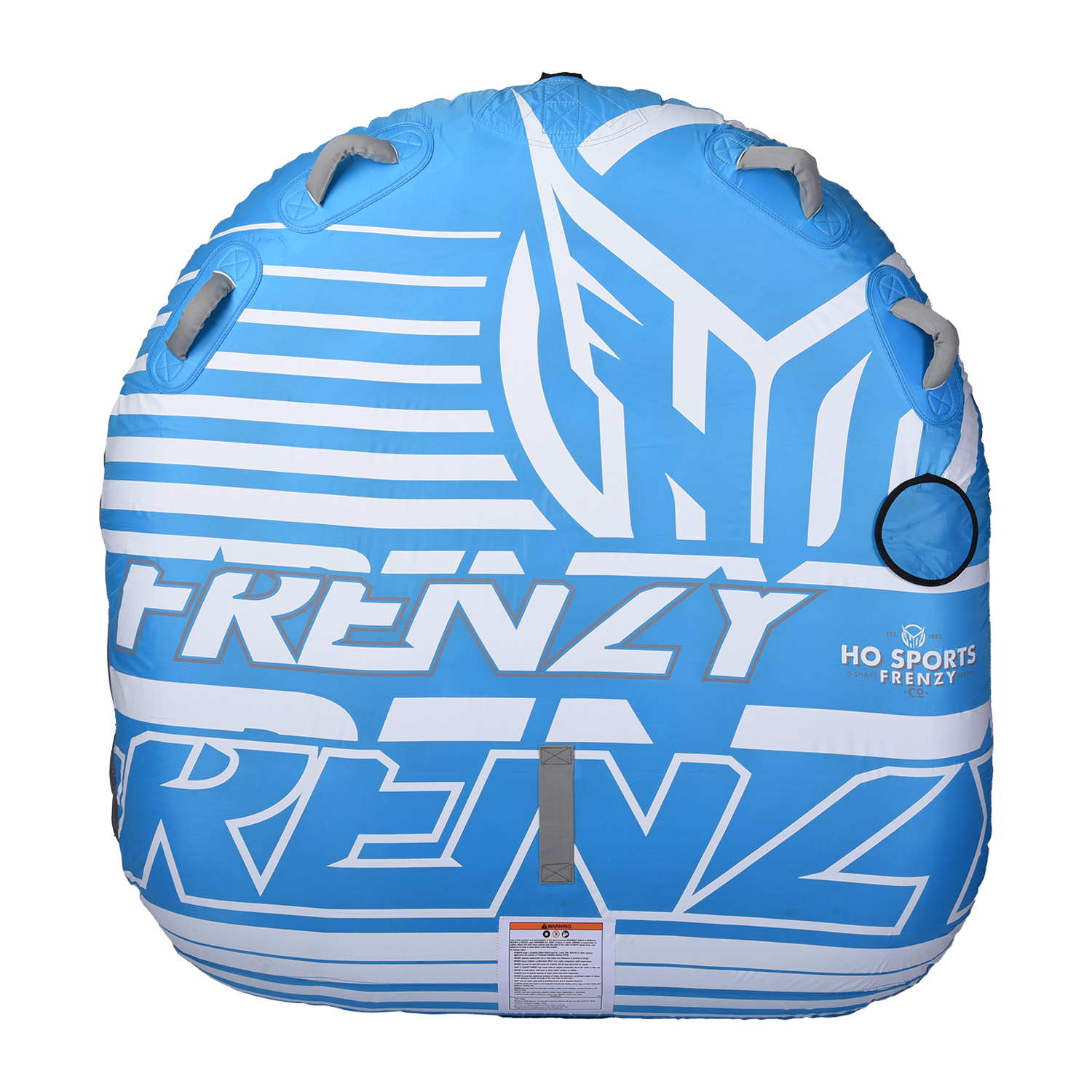 Top view of the Frenzy towable tube in blue and white with multiple handles and bold branding.