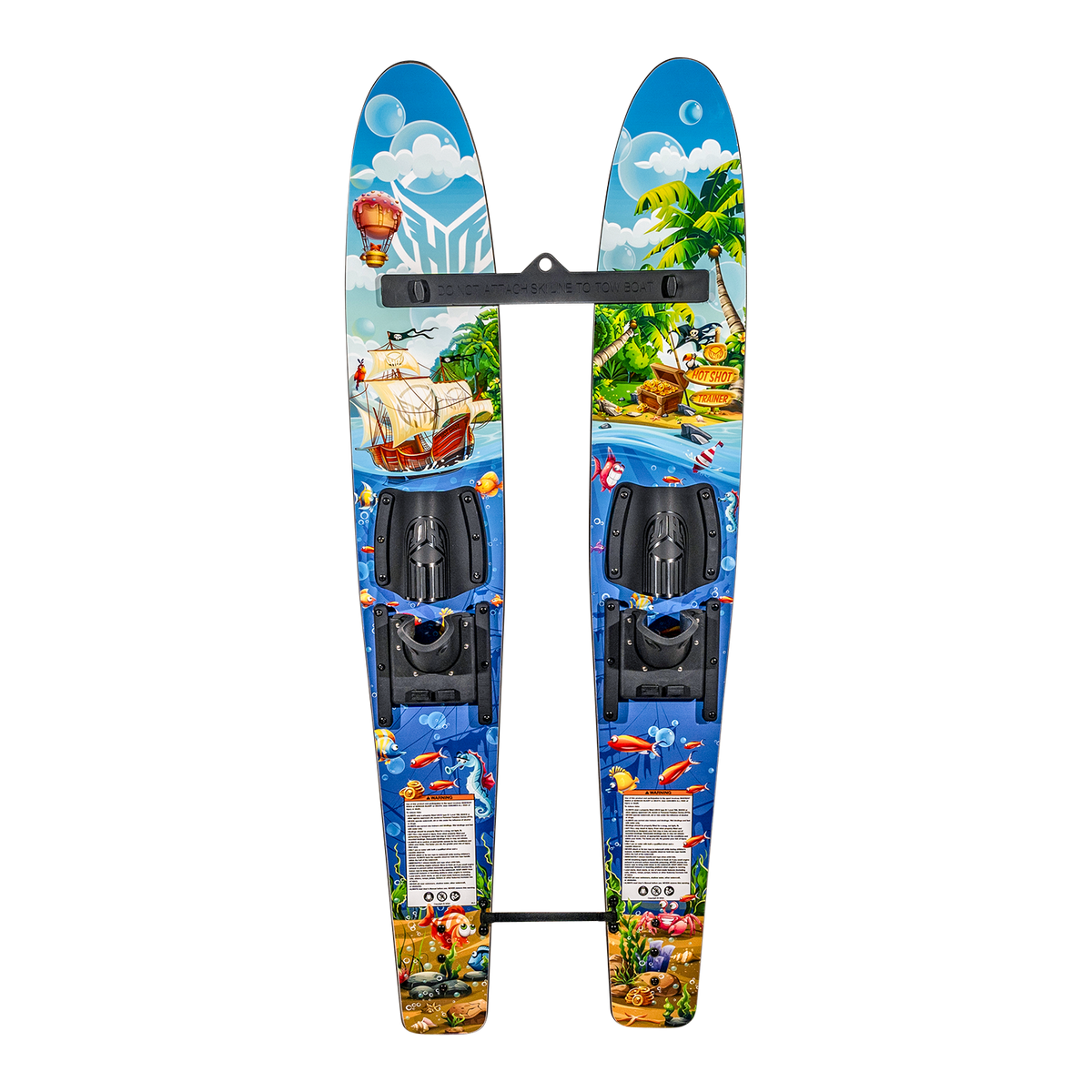 Top view of Hot Shot Trainers 2025, featuring a colorful pirate-themed design with adjustable bindings and a stabilizer bar.