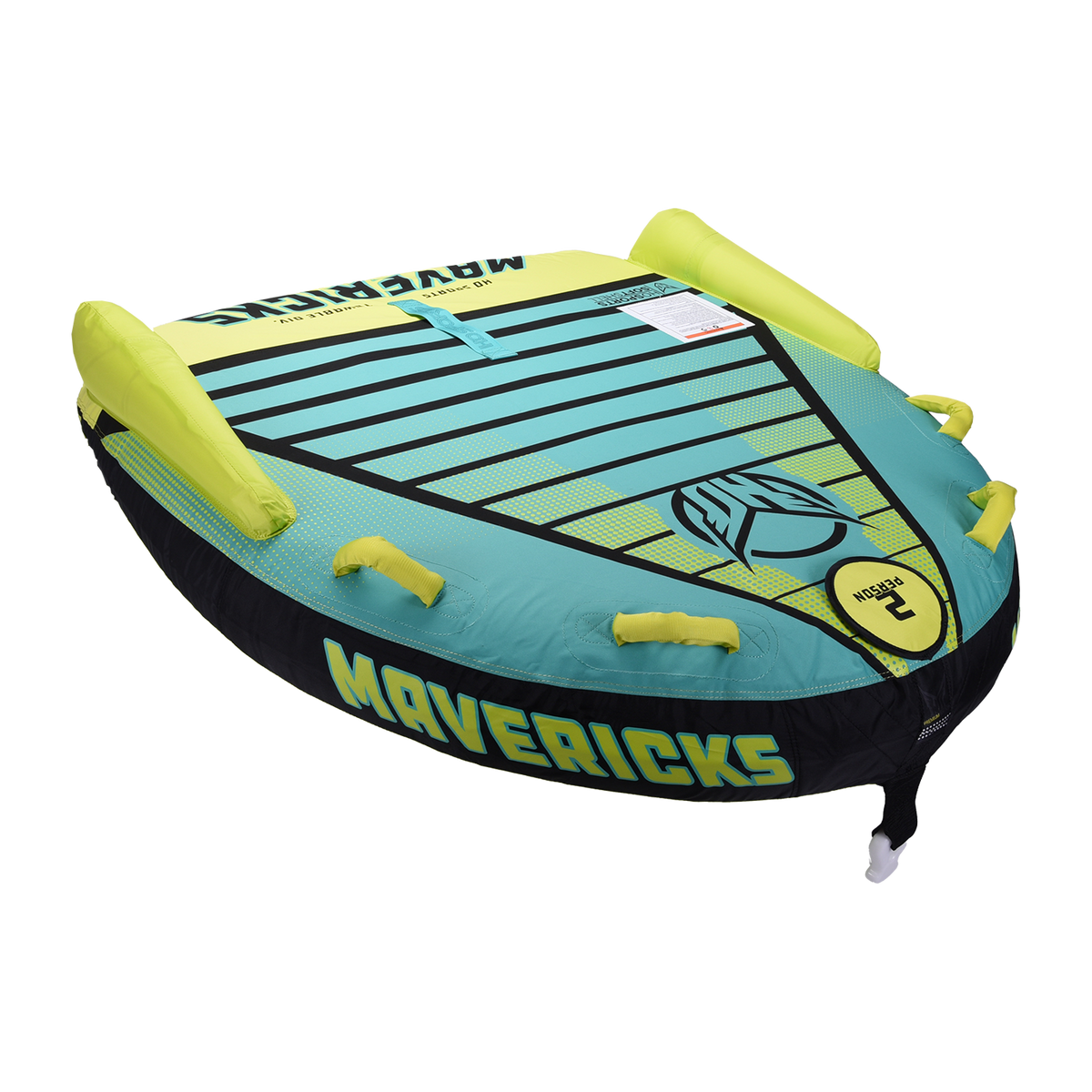 Angled view of the Mavericks 2 towable tube in teal and yellow with black accents, four handles, and seating for two riders.