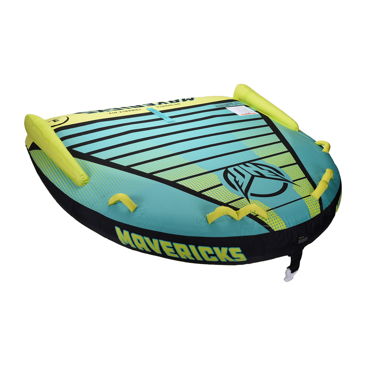 Angled view of the Mavericks 3 towable tube in teal and yellow with six handles and space for three riders.