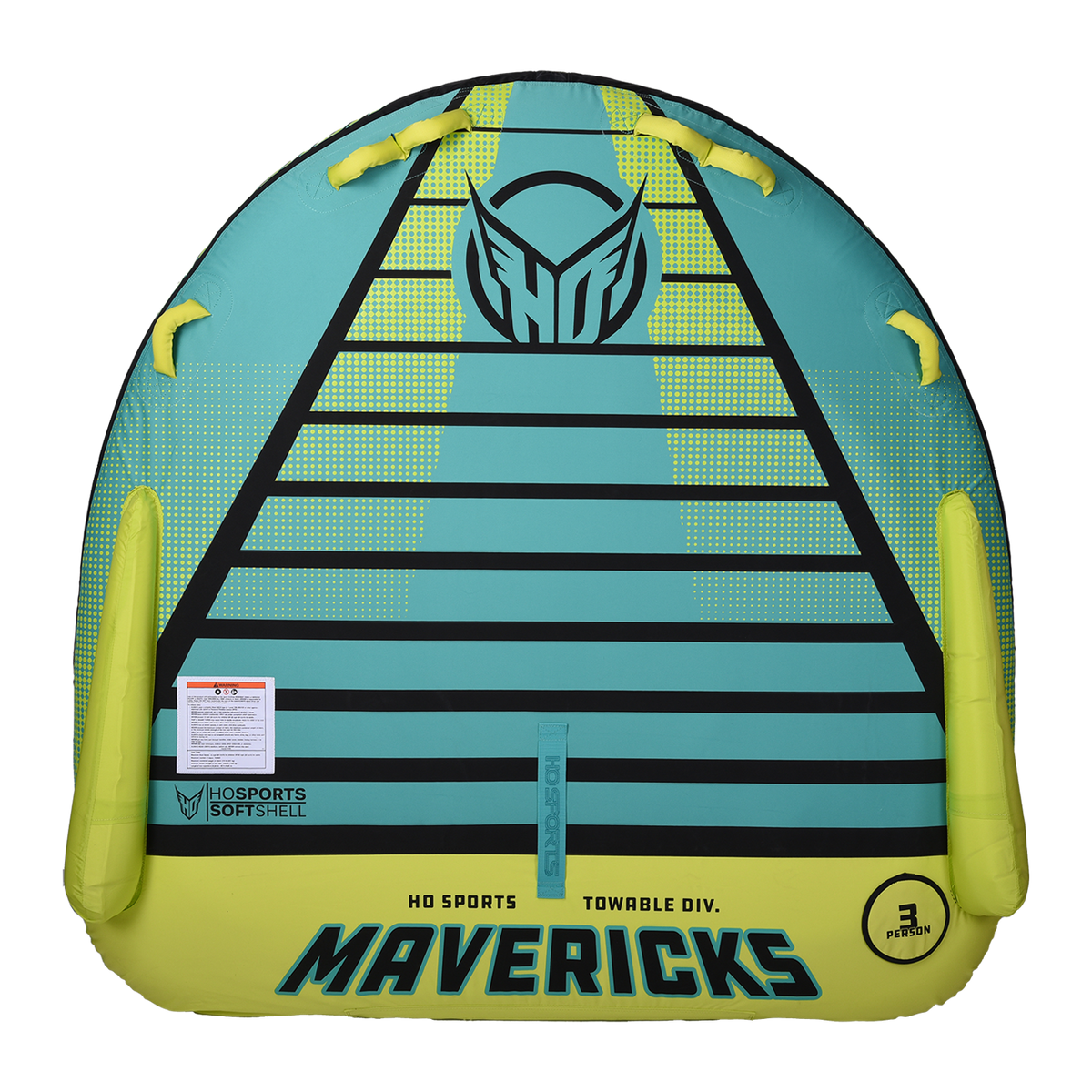 Top view of the Mavericks 3 towable tube in teal and yellow with six handles and space for three riders.