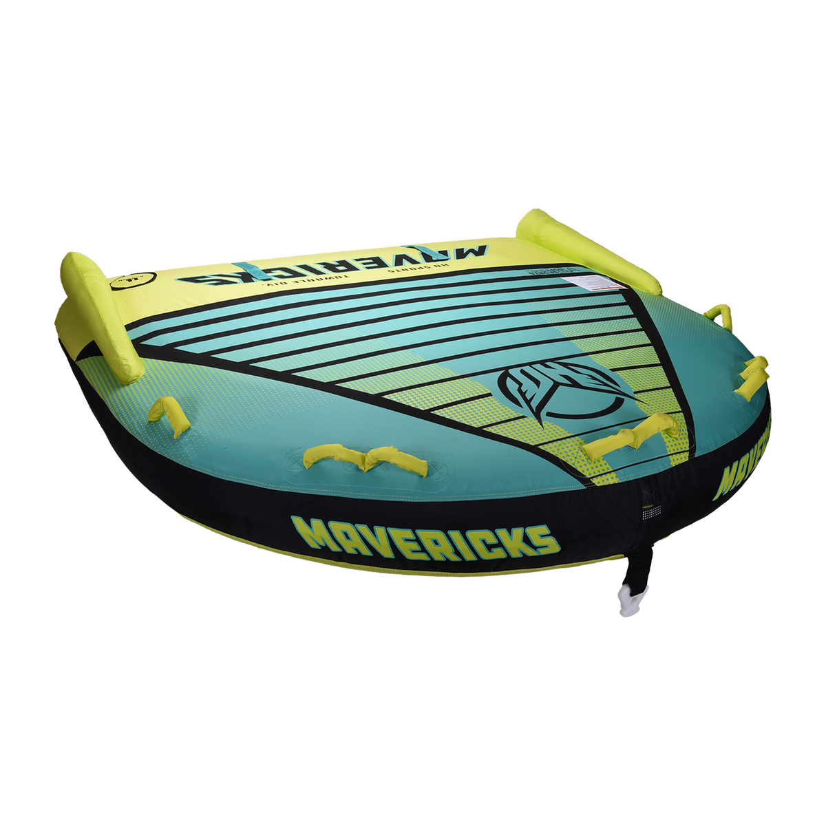 Angled view of the Mavericks 4 towable tube in teal and yellow with eight handles and seating for four riders.