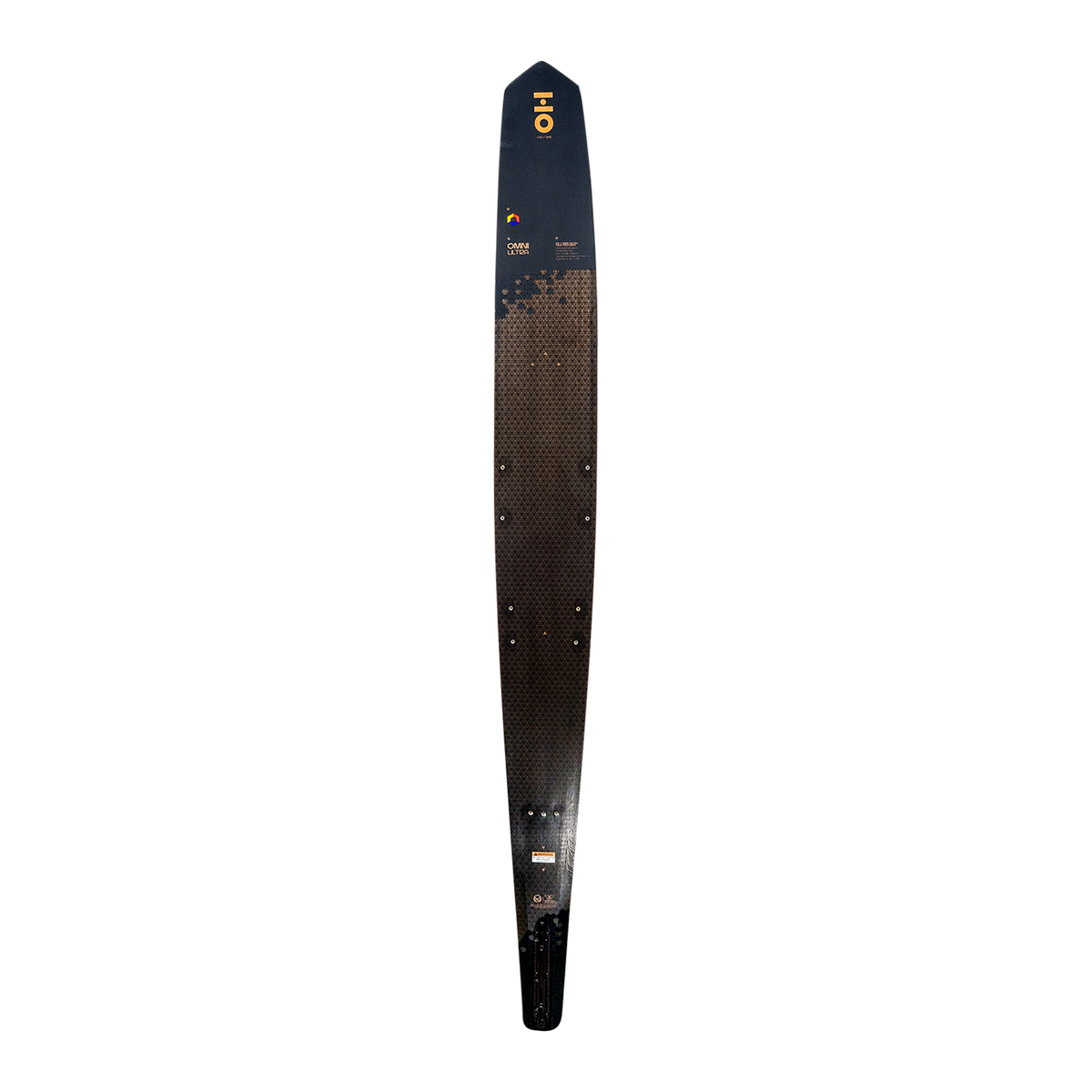 Top view of Omni Ultra Black waterski in black with a hexagonal pattern, mounting inserts, and a small logo near the tip.