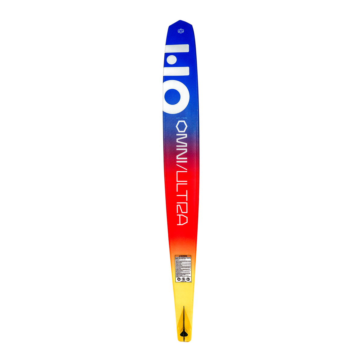 Base view of Omni Ultra White waterski with a gradient blue-to-yellow design, bold text, and a logo near the tip.