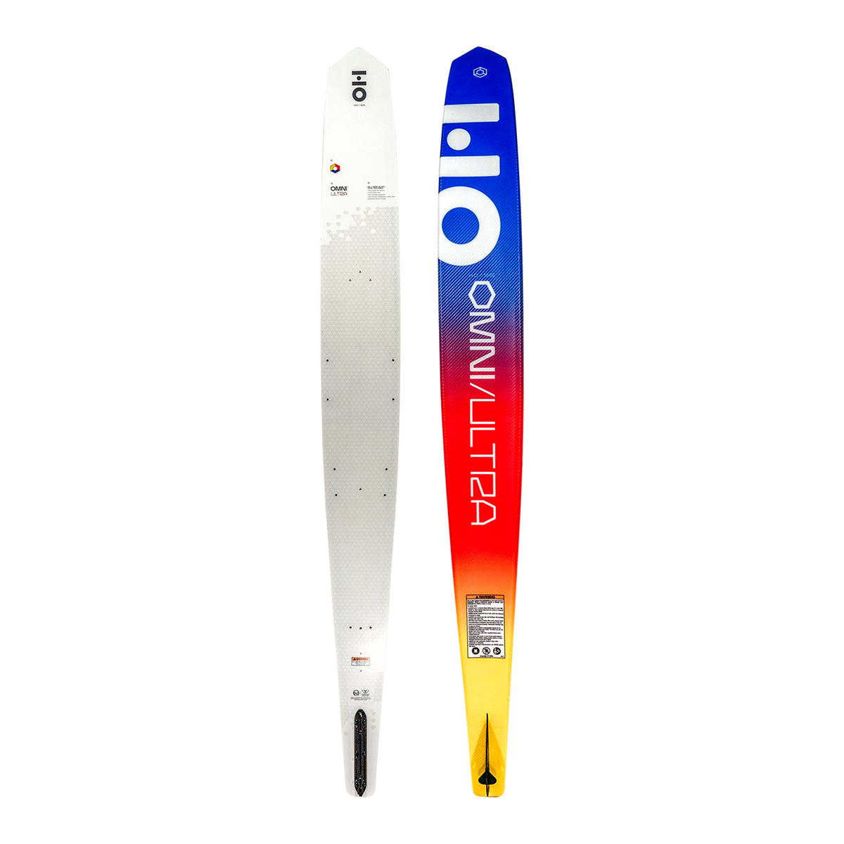 Top and base view of Omni Ultra White waterski showing the colorful base design with branding and the sleek white top.