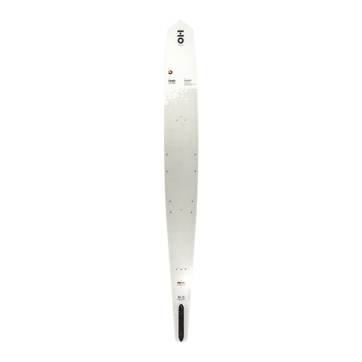 Top view of Omni Ultra White waterski in white with a subtle pattern, mounting inserts, and a small logo near the tip.